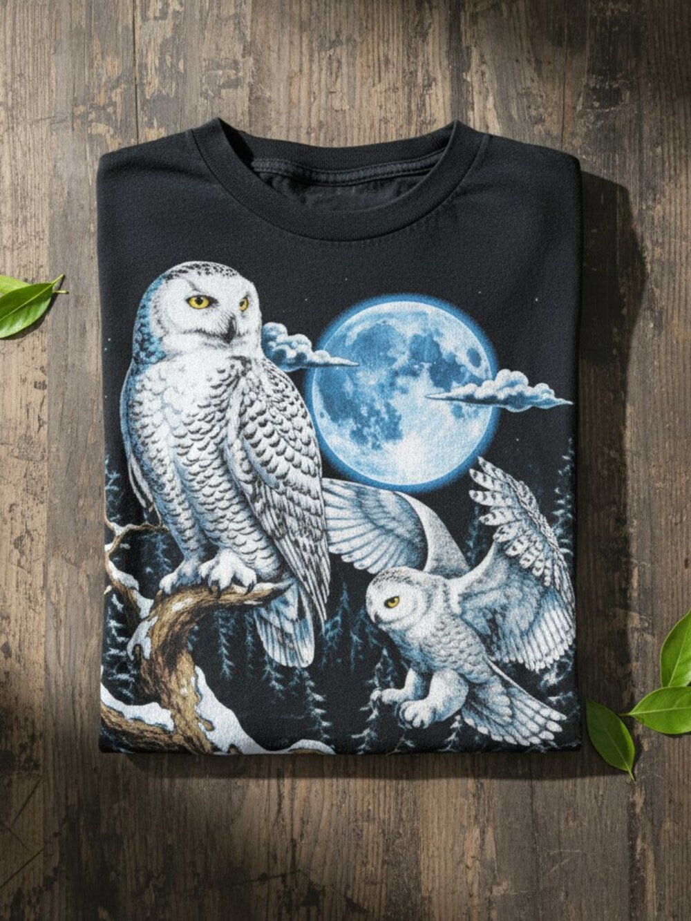 90s Snowy Owl Moon Graphic Tee | Vintage Forest Wildlife Night Shirt